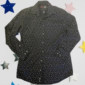JF J Ferrer Black w white stars long sleeve button-up size Medium 15- 15.5 34/35